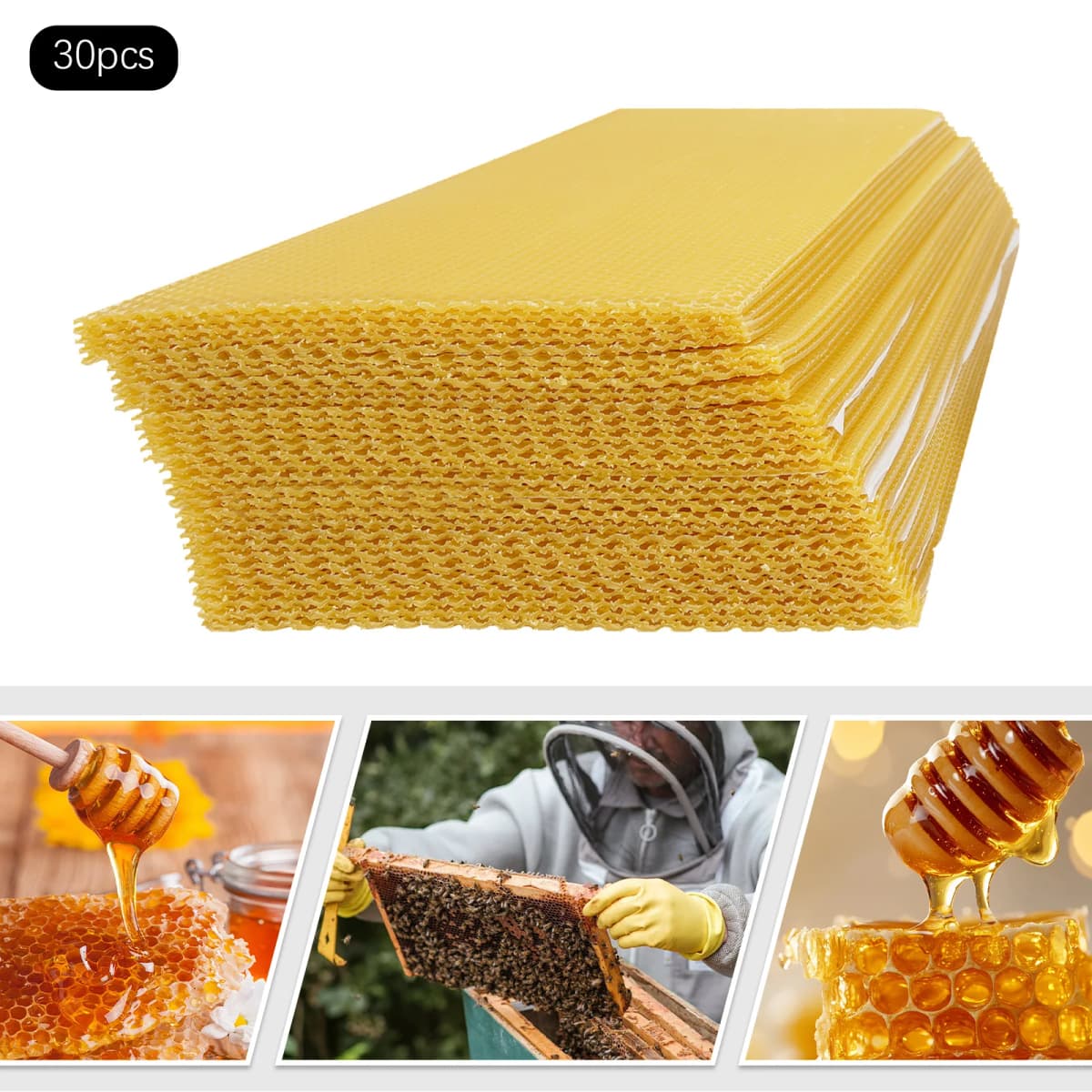 30-Pack Beeswax Foundation Sheets Natural Beeswax Hive Foundations Beekeeper's Starter Kit 7.68x16.34" Beekeeping Sheets for Increased Honey Production