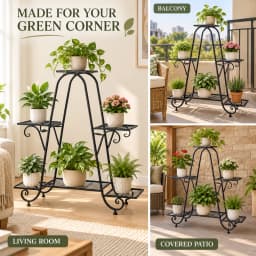 6 Tier Iron Plant Rack with Staggered Shelves, Decorative Flower Pot Stand for Indoor and Covered Outdoor Use