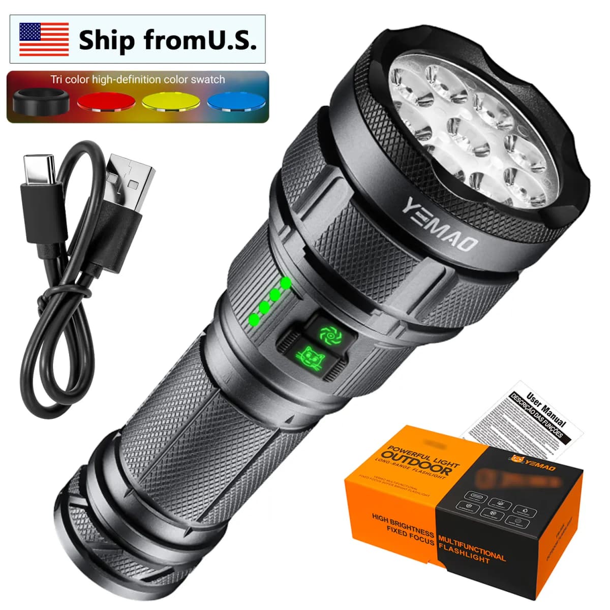 Rechargeable Flashlights 6000Lumens,Super Bright LED Flashlight USB C,High Powerd Tricolor Lens Strong Flash Light for Emergency