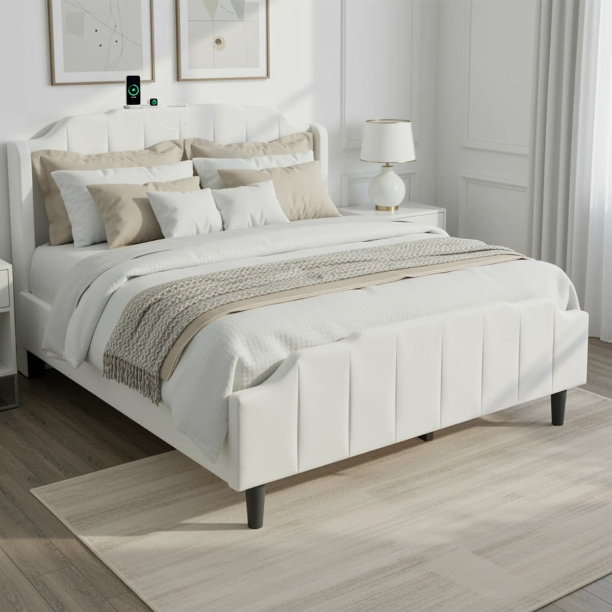 HOOMIC Full/Queen Velvet Platform Bed Frame with Wingback Headboard & Footboard, Vertical Tufted, Built-In Charging Station