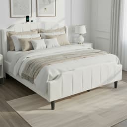 HOOMIC Full/Queen Velvet Platform Bed Frame with Wingback Headboard & Footboard, Vertical Tufted, Built-In Charging Station