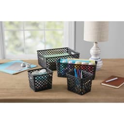 4 Piece Black Decorative Storage Basket Set Durable Plastic Organization Bins with Cut-Out Handles Versatile Home Storage