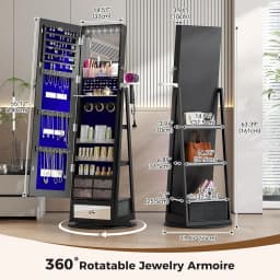 Jewelry Storage Cabinet with LED Full-Length Mirror, 360° Swivel Standing Jewelry Organizers with Shelves & Drawer, Customized
