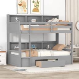 Twin Wooden Bunk Bed with Built-in Shelves Storage Drawer Guardrails Ladder for Kids Bedroom, Customized