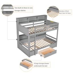 Twin Wooden Bunk Bed with Built-in Shelves Storage Drawer Guardrails Ladder for Kids Bedroom, Customized