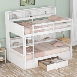 Twin Wooden Bunk Bed with Built-in Shelves Storage Drawer Guardrails Ladder for Kids Bedroom, Customized