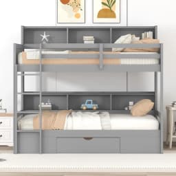 Twin Wooden Bunk Bed with Built-in Shelves Storage Drawer Guardrails Ladder for Kids Bedroom, Customized