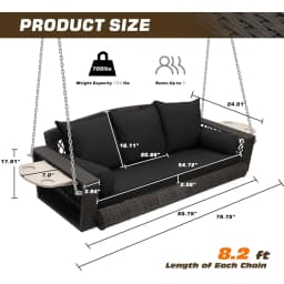 Wicker Hanging Porch Swing - Outdoor 3 Person Patio Swing Bench with Cushion & Chains - 3-Seat Porch Swing Chair, Customized