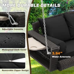 Wicker Hanging Porch Swing - Outdoor 3 Person Patio Swing Bench with Cushion & Chains - 3-Seat Porch Swing Chair, Customized