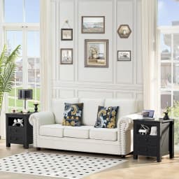 Nightstand with Charging Station, Farmhouse Night Stand with 2 Drawers and Shelf Storage, Wooden Side End Table,, Customized