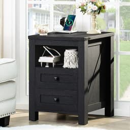 Nightstand with Charging Station, Farmhouse Night Stand with 2 Drawers and Shelf Storage, Wooden Side End Table,, Customized