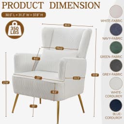 Corduroy Wingback Accent Chair Set of 2 w/ Lumbar Pillow Metal Legs Thick Cushion Living Room Bedroom White, Customized