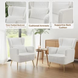 Corduroy Wingback Accent Chair Set of 2 w/ Lumbar Pillow Metal Legs Thick Cushion Living Room Bedroom White, Customized