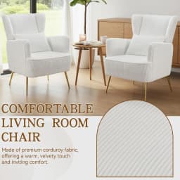 Corduroy Wingback Accent Chair Set of 2 w/ Lumbar Pillow Metal Legs Thick Cushion Living Room Bedroom White, Customized