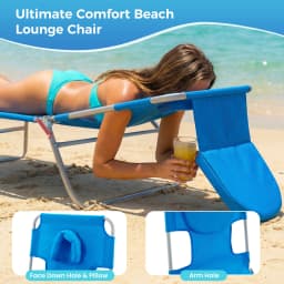 JHK 5-Position Adjustable Recline Beach Lounge Chair Portable Folding Sun Chairs with Face Arm Holes Max Load 225LBS for Patio
