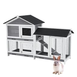 63in Bunny Hutch Indoor, Wooden Rabbit Cage 2-Tier With 3 Removable Trays, Waterproof Roof Bunny House Outdoor Coop