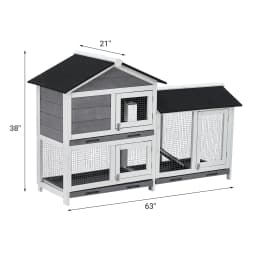 63in Bunny Hutch Indoor, Wooden Rabbit Cage 2-Tier With 3 Removable Trays, Waterproof Roof Bunny House Outdoor Coop