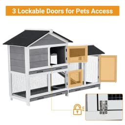 63in Bunny Hutch Indoor, Wooden Rabbit Cage 2-Tier With 3 Removable Trays, Waterproof Roof Bunny House Outdoor Coop