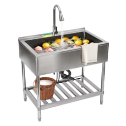 Stainless Steel Utility Sink with Faucet, Shelf & Drainboard for Laundry Garage Restaurant Outdoor 35.8x21.8