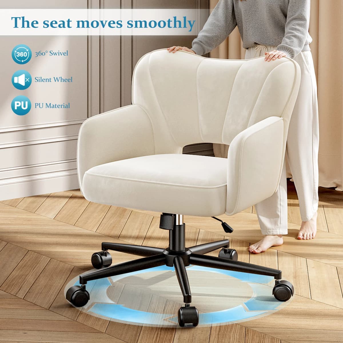 Vanity Chair with Wheels & Back,Vanity Chair Adjustable Height Comfy Desk Chairs for Makeup, Work & Relaxation