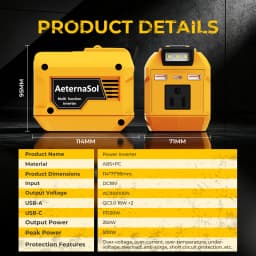 (US Stock 2-5 Days) AeternaSol 250W Power Inverter For 18V DeWalt 20V MAX Battery Portable Power Station 110V AC 500W Peak Surge QC3.0 USB 20W PD 20W Type-C LED Work Light Camping Outdoor Night Fishing Job Site Hunting Blind Emergency Backup