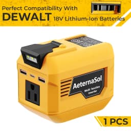 (US Stock 2-5 Days) AeternaSol 250W Power Inverter For 18V DeWalt 20V MAX Battery Portable Power Station 110V AC 500W Peak Surge QC3.0 USB 20W PD 20W Type-C LED Work Light Camping Outdoor Night Fishing Job Site Hunting Blind Emergency Backup