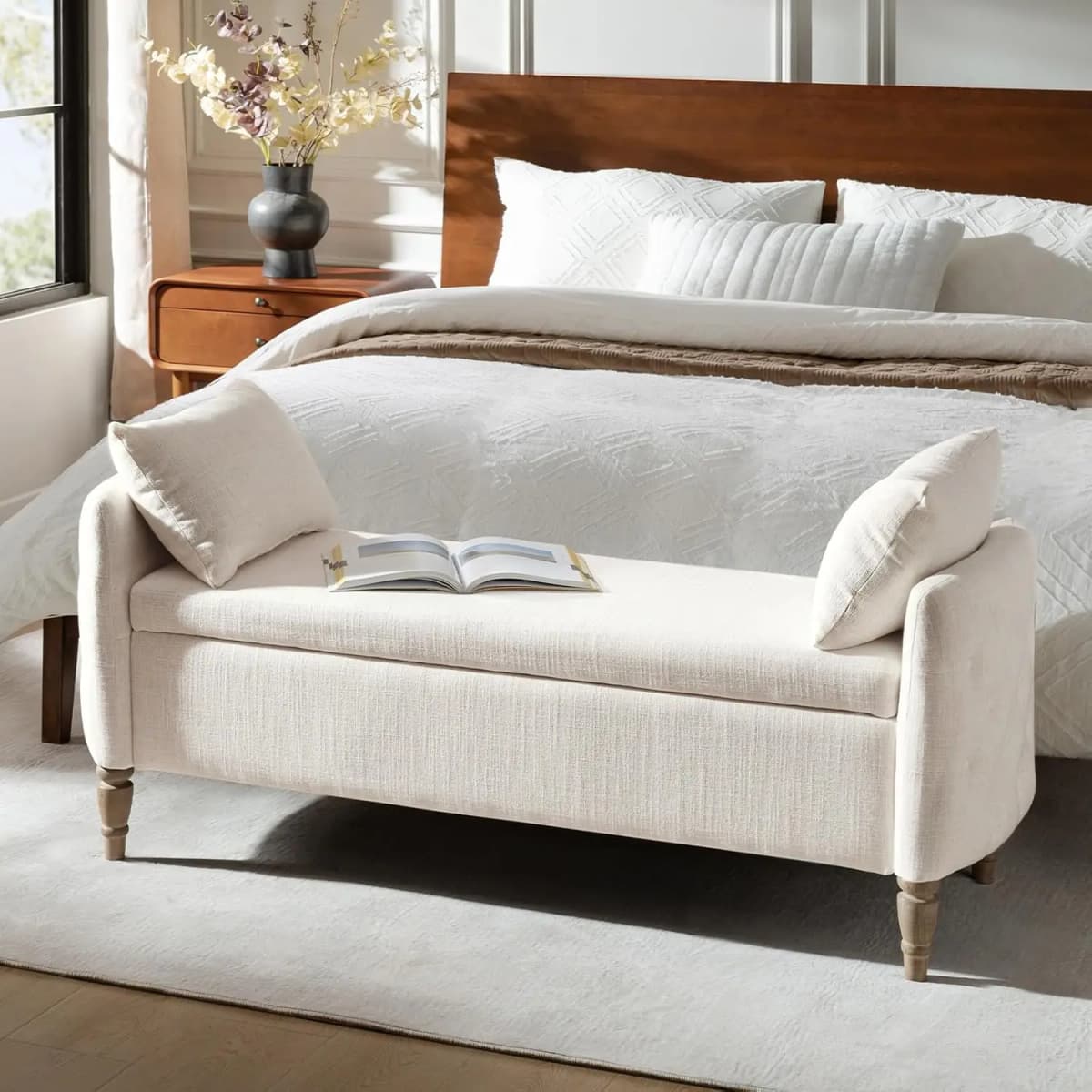 Storage Bench for Bedroom with Throw Pillows, 59" Large Bedroom Ottoman Bench with Solid Wood Frame, Comfy, Customized
