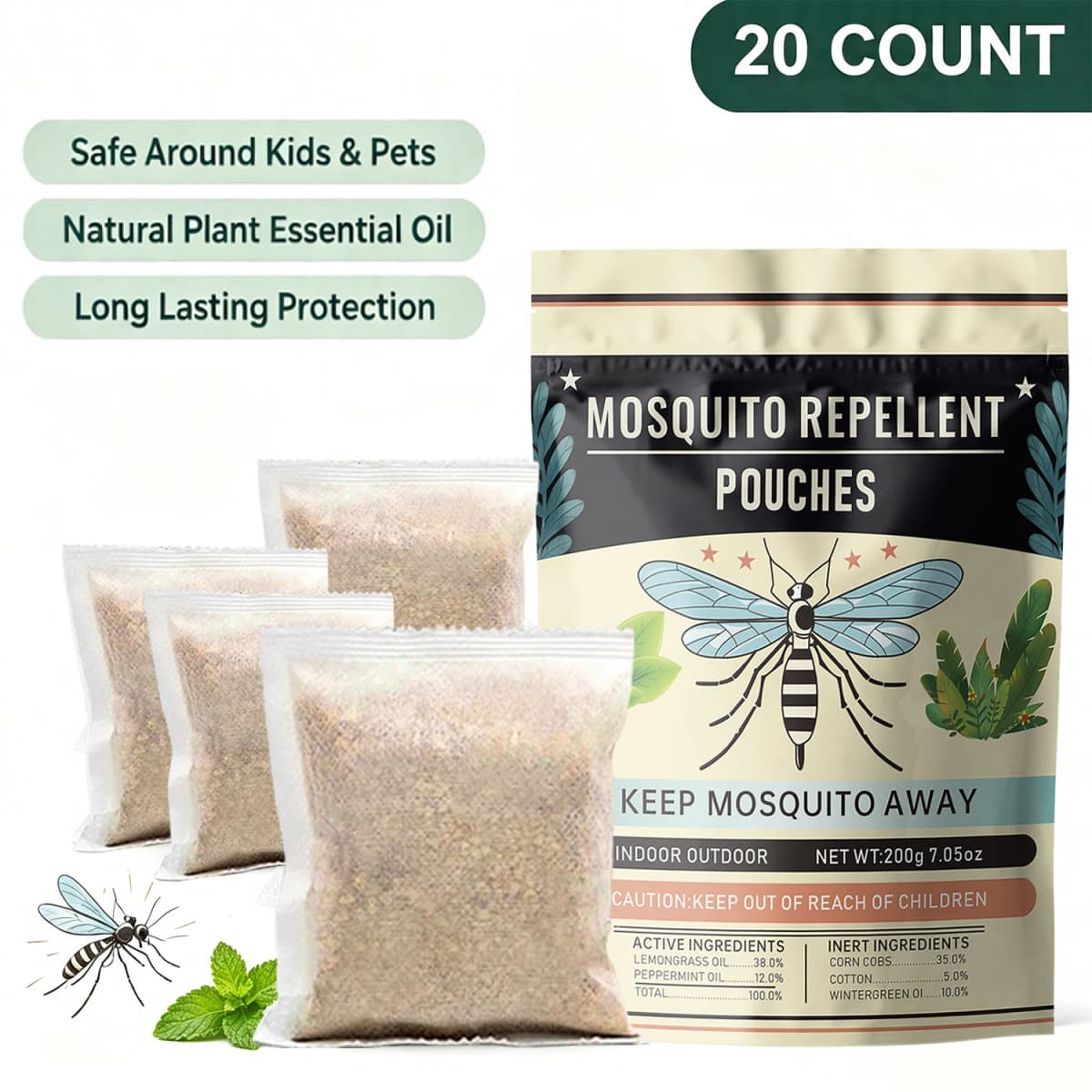 Mosquito Repellent Sachets 20 Pack, Plant-Based Natural Bug Repellent, 30 Days Long-Lasting Protection, 120 Sq Ft Coverage, Non-Toxic Mosquito Deterrent for Yard Patio Garden Camping Outdoor