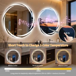 LUVODI 32" Round Bluetooth Bathroom Mirror,LED Wall Vanity with Double Speakers,Defog,Dimming & Memory Function