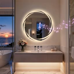 LUVODI 32" Round Bluetooth Bathroom Mirror,LED Wall Vanity with Double Speakers,Defog,Dimming & Memory Function