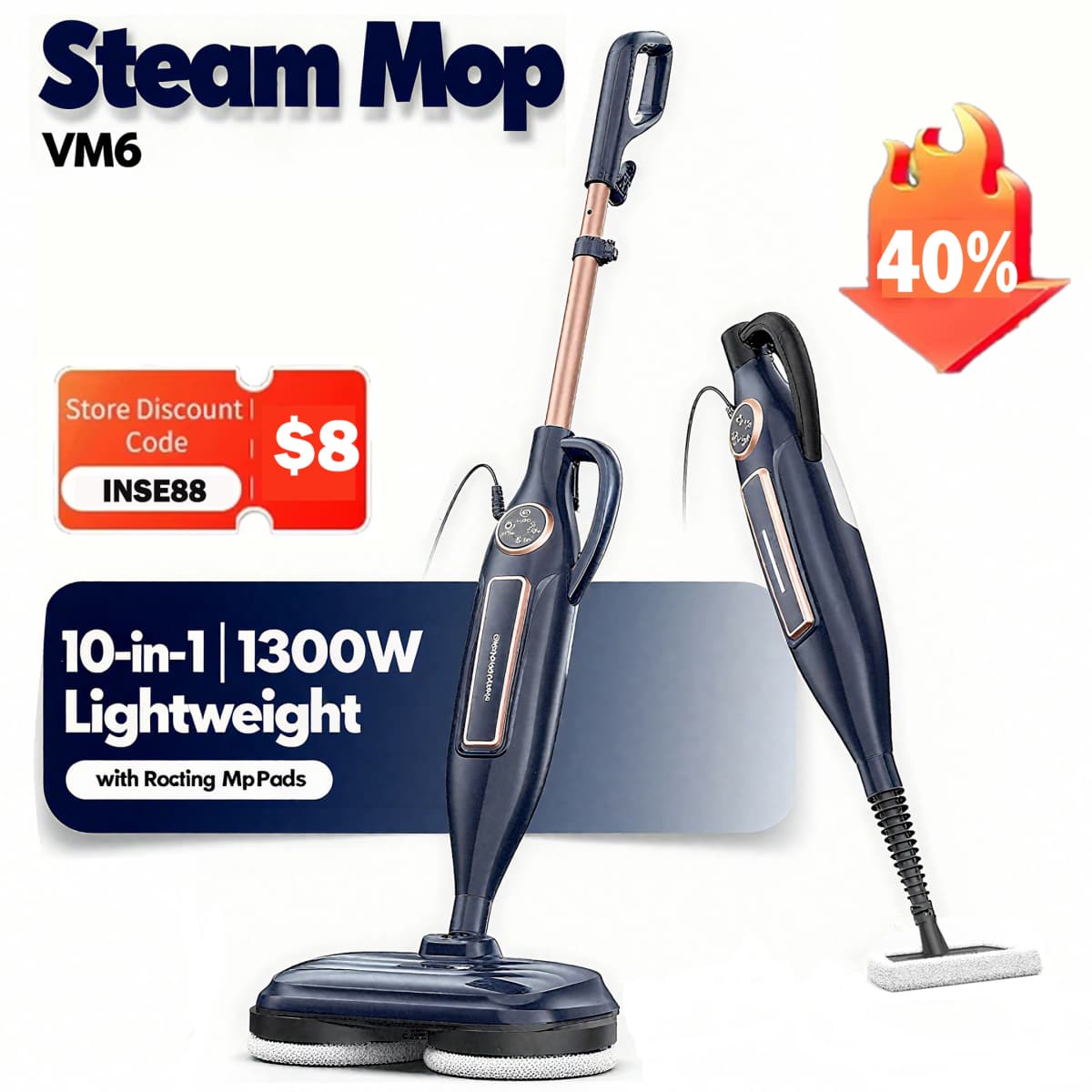 DEVOAC VM6 Steam Mop Cleaner with Rotating Mop Pad 10 in 1 Lightweight Spin Mop 1300W Powerful Floor Steamer for Home Hardwood