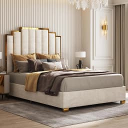 Queen Upholstered Velvet Platform Bed with Gold Trim Headboard No Box Spring Needed Bedroom Furniture, Customized