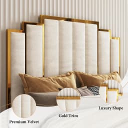 Queen Upholstered Velvet Platform Bed with Gold Trim Headboard No Box Spring Needed Bedroom Furniture, Customized