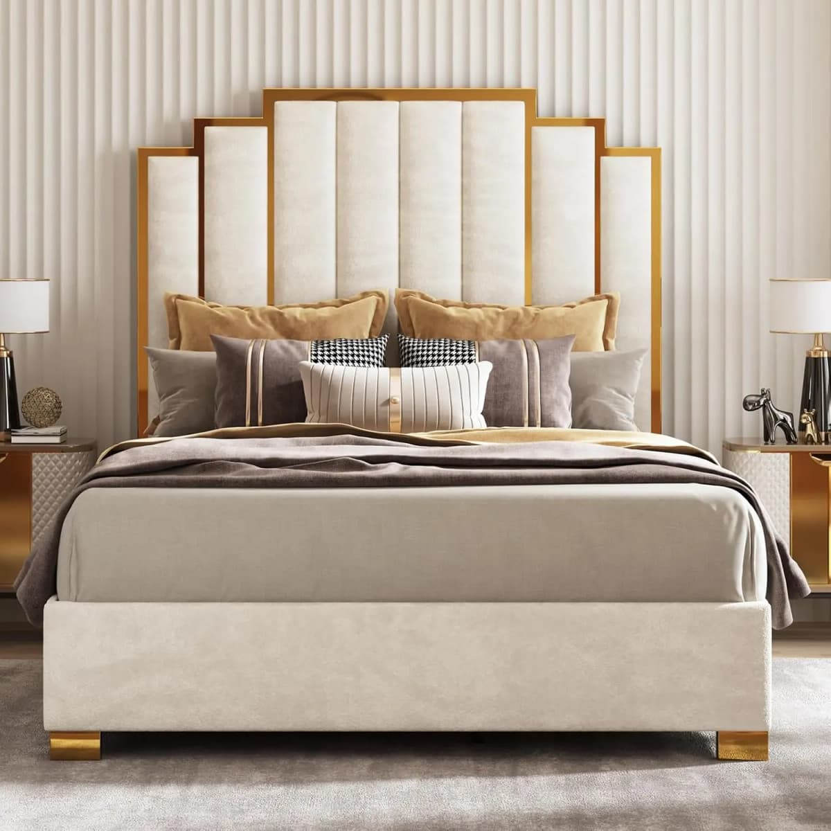 Queen Upholstered Velvet Platform Bed with Gold Trim Headboard No Box Spring Needed Bedroom Furniture, Customized