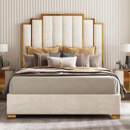 Queen Upholstered Velvet Platform Bed with Gold Trim Headboard No Box Spring Needed Bedroom Furniture, Customized
