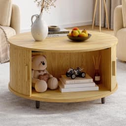 Round Coffee Table with Storage, 31.5 In Drum Coffee Table with 360° Curved Sliding Door, ModernFluted Wood Accent Coffee Tablee