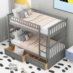 Convertible Twin Bunk Bed with Storage Drawers & Ladder Separates into Two Daybeds Wood Frame White Customized