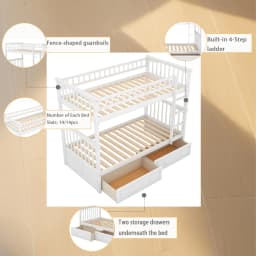 Convertible Twin Bunk Bed with Storage Drawers & Ladder Separates into Two Daybeds Wood Frame White Customized