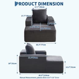 45'' Corduroy Cloud Chaise Lounge Sofa, Deep Seat Reading Chair With Wide Armrests, Back Pillow, No-Assembly Couch