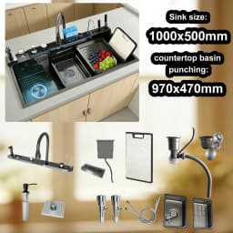 Modern Stainless Steel Kitchen Sink Multifunctional Sinks Waterfall Golden Large Single Slot Digital Display Washing Basin