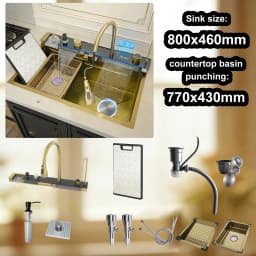 Modern Stainless Steel Kitchen Sink Multifunctional Sinks Waterfall Golden Large Single Slot Digital Display Washing Basin