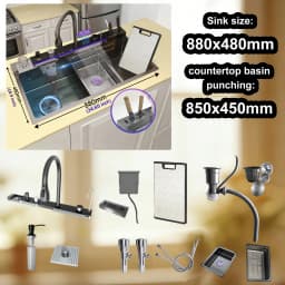 Modern Stainless Steel Kitchen Sink Multifunctional Sinks Waterfall Golden Large Single Slot Digital Display Washing Basin