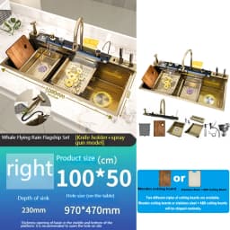 Modern Stainless Steel Kitchen Sink Multifunctional Sinks Waterfall Golden Large Single Slot Digital Display Washing Basin