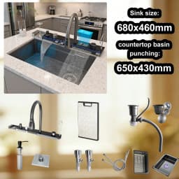 Modern Stainless Steel Kitchen Sink Multifunctional Sinks Waterfall Golden Large Single Slot Digital Display Washing Basin