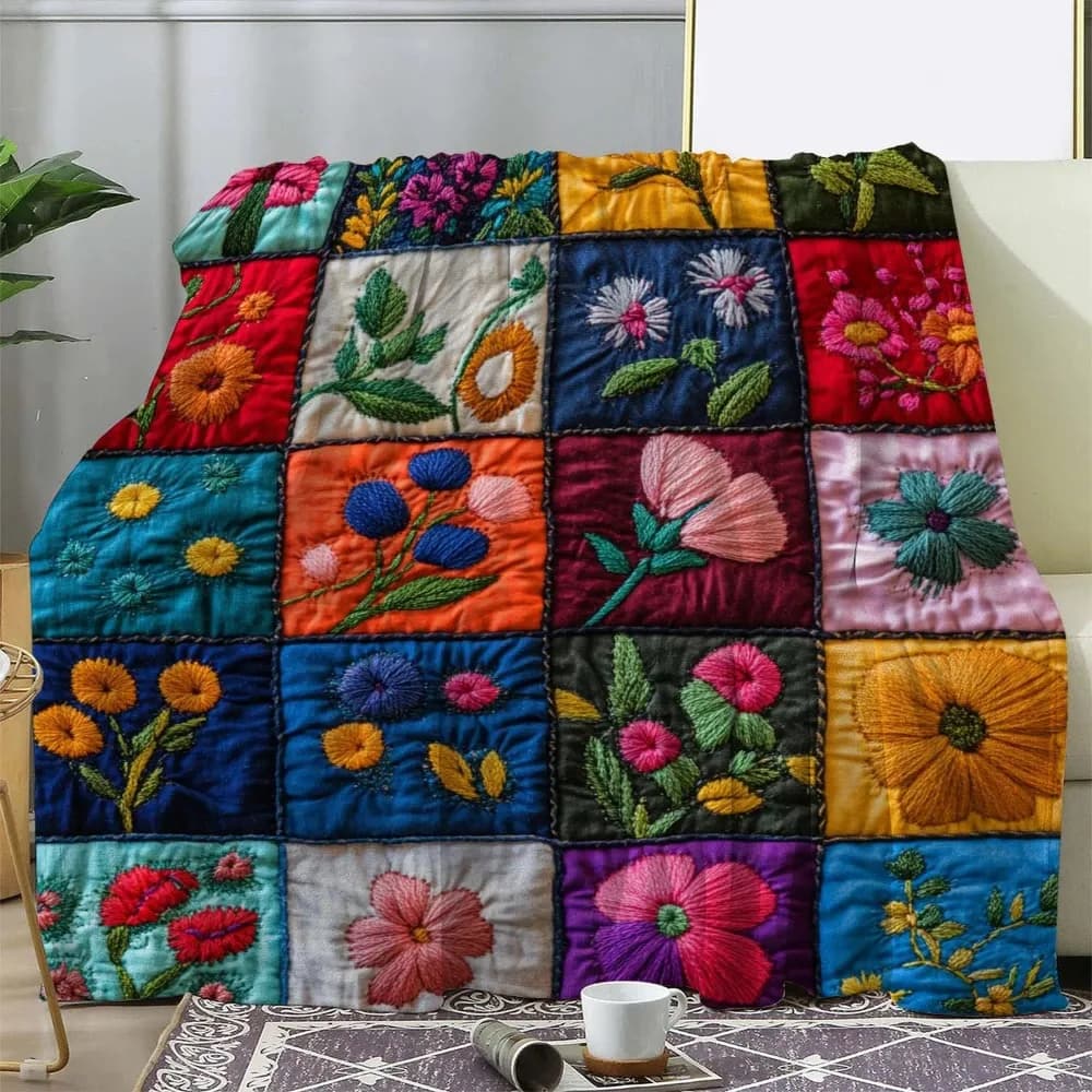 Vintage Floral Print Patchwork Flannel Blanket - Soft and Warm All Seasons Sofa Bed Car Camping Office Throw Blanket