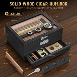 Cigar Humidor,Cedar Wood Cigars Case with Digital Hygrometer Humidifier,Measuring Scale & Drawer,Glass Top Desktop Humidor Gifts