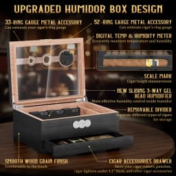 Cigar Humidor,Cedar Wood Cigars Case with Digital Hygrometer Humidifier,Measuring Scale & Drawer,Glass Top Desktop Humidor Gifts