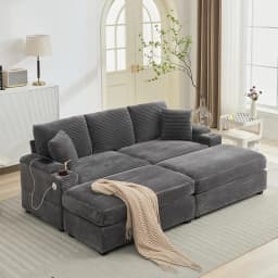86.61'' Oversized Double Chaise Lounge with Ottomans, Comfy Corduroy Indoor Lounge Chair with Armrest Storage, Cup Holder, USB P