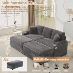 86.61'' Oversized Double Chaise Lounge with Ottomans, Comfy Corduroy Indoor Lounge Chair with Armrest Storage, Cup Holder, USB P