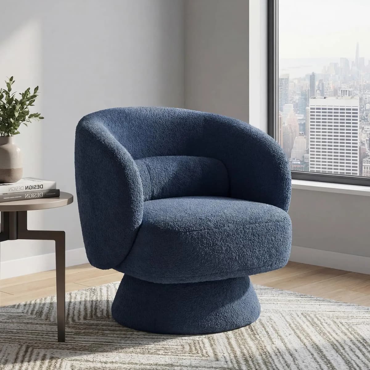 360° Swivel Barrel Chair with Arms Curved Back Lumbar Cushion Comfy Boucle Small Space Living Room Bedroom, Customized